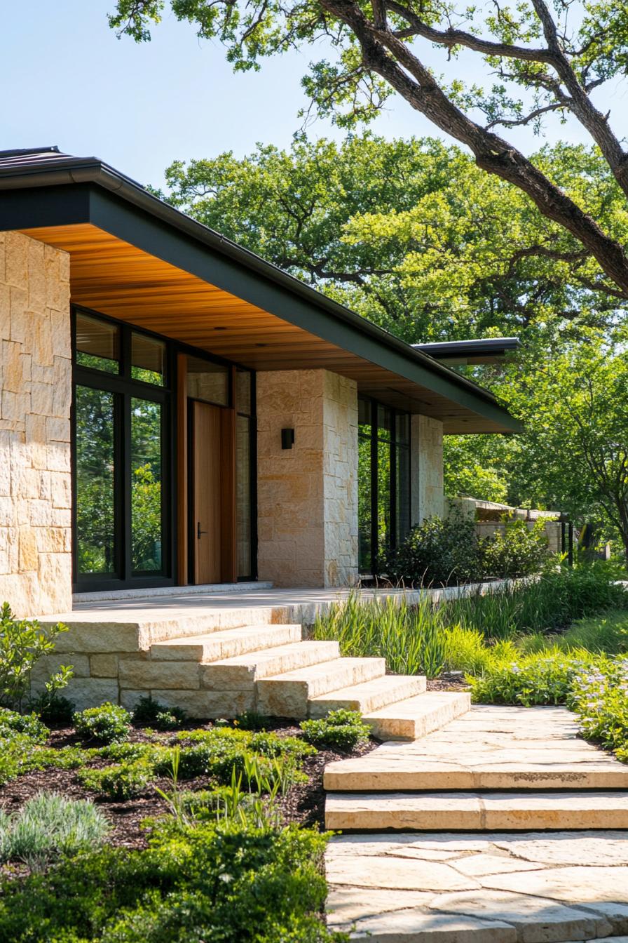 Modern house with stone and glass façade surrounded by greenery