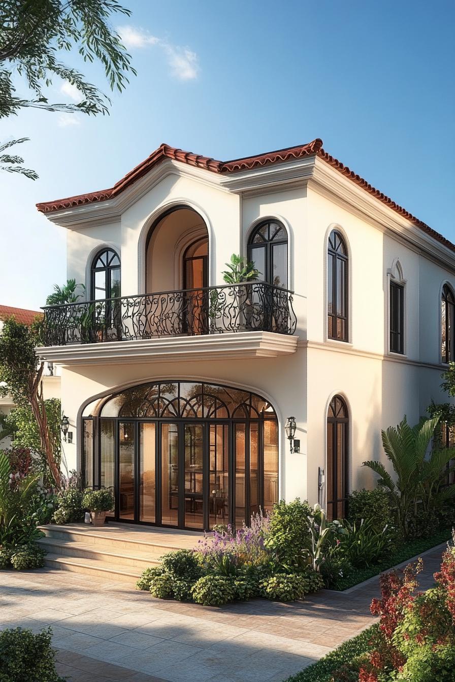 Italian villa with curved balcony and garden