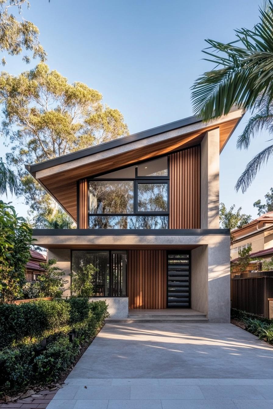 Modern house with a skillion roof surrounded by greenery