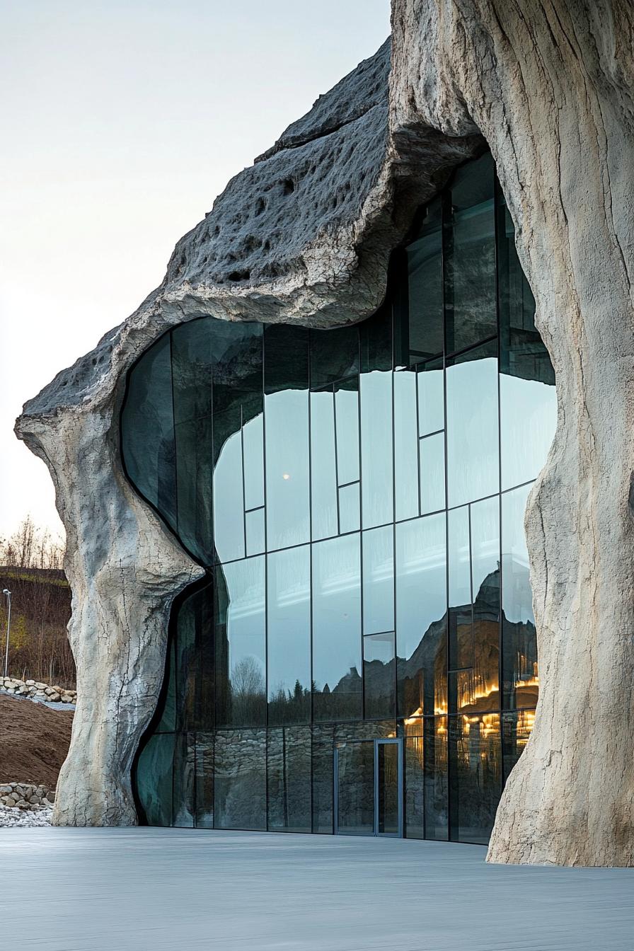 Cave-like structure with a sleek glass facade