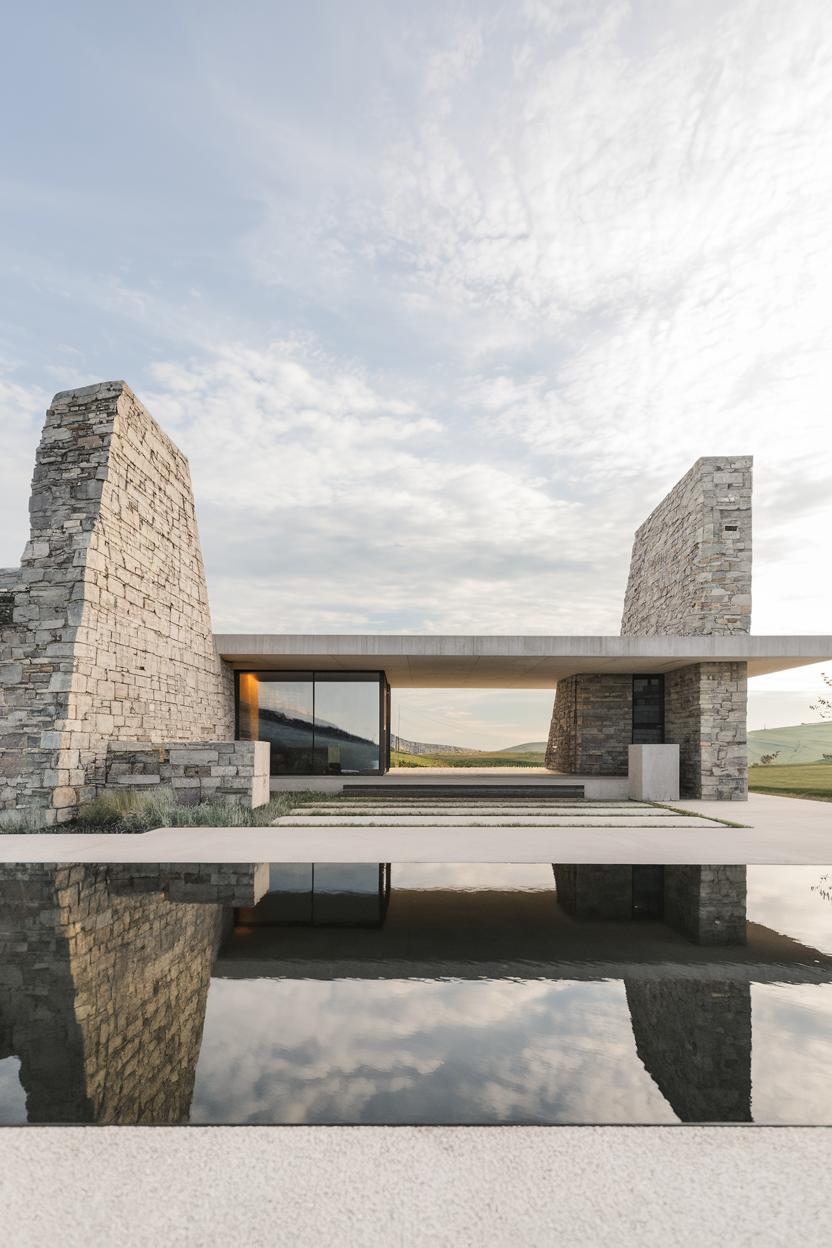 Modern architecture with stone walls and reflective pool