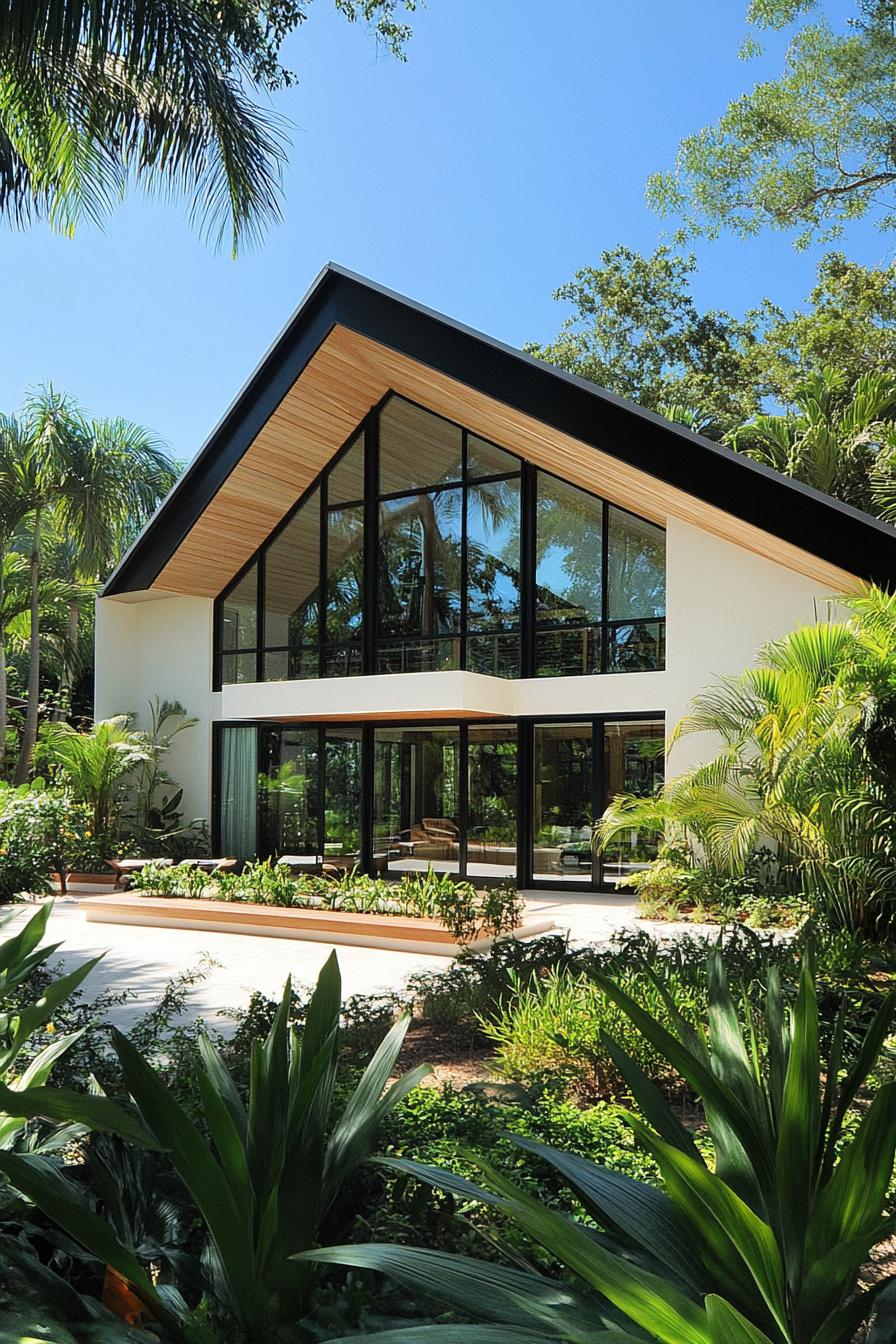 Tropical A-frame house surrounded by lush greenery