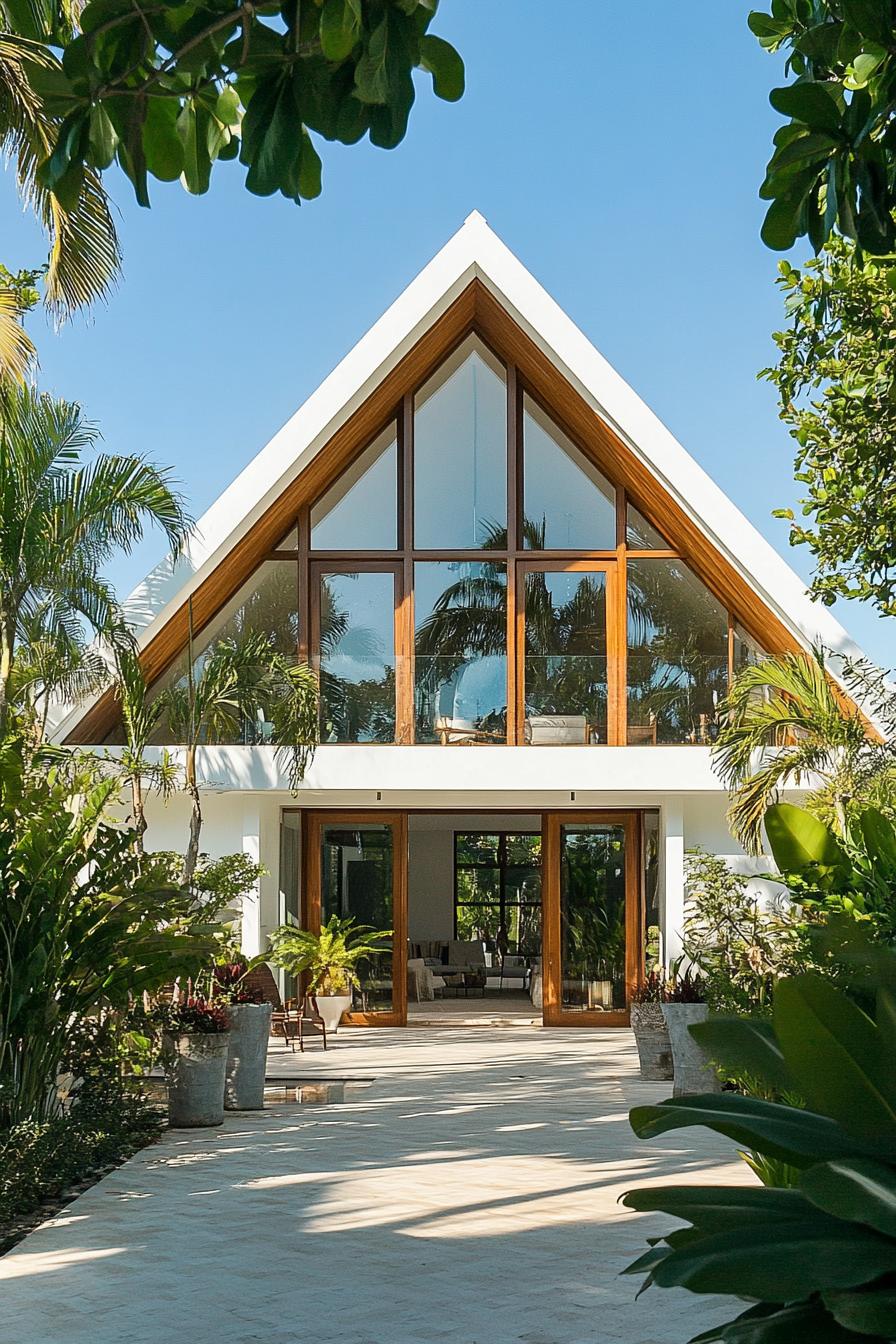 Modern A-frame house surrounded by lush greenery