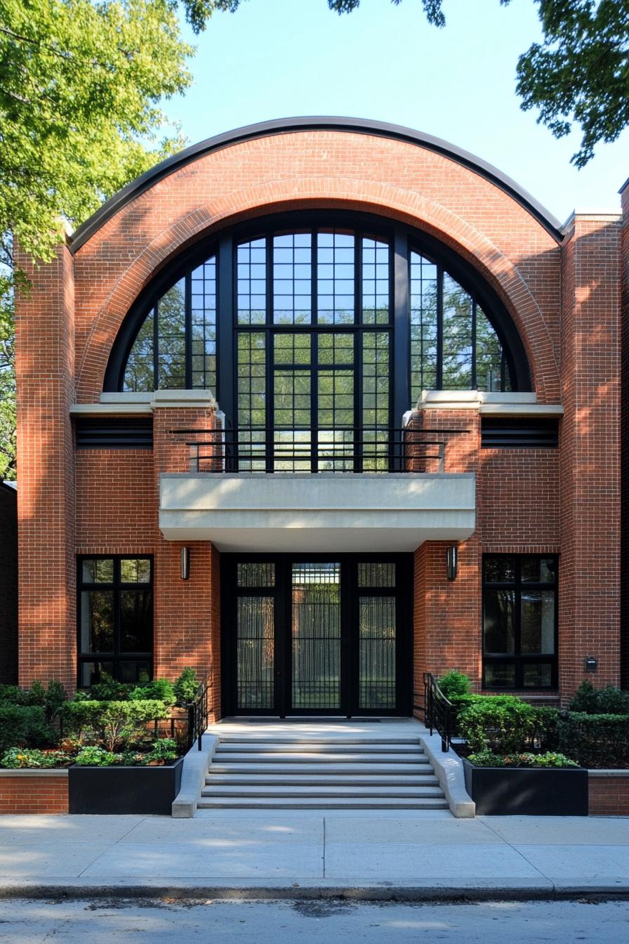 Grand brick Art Deco house with elegant arched windows and lush greenery