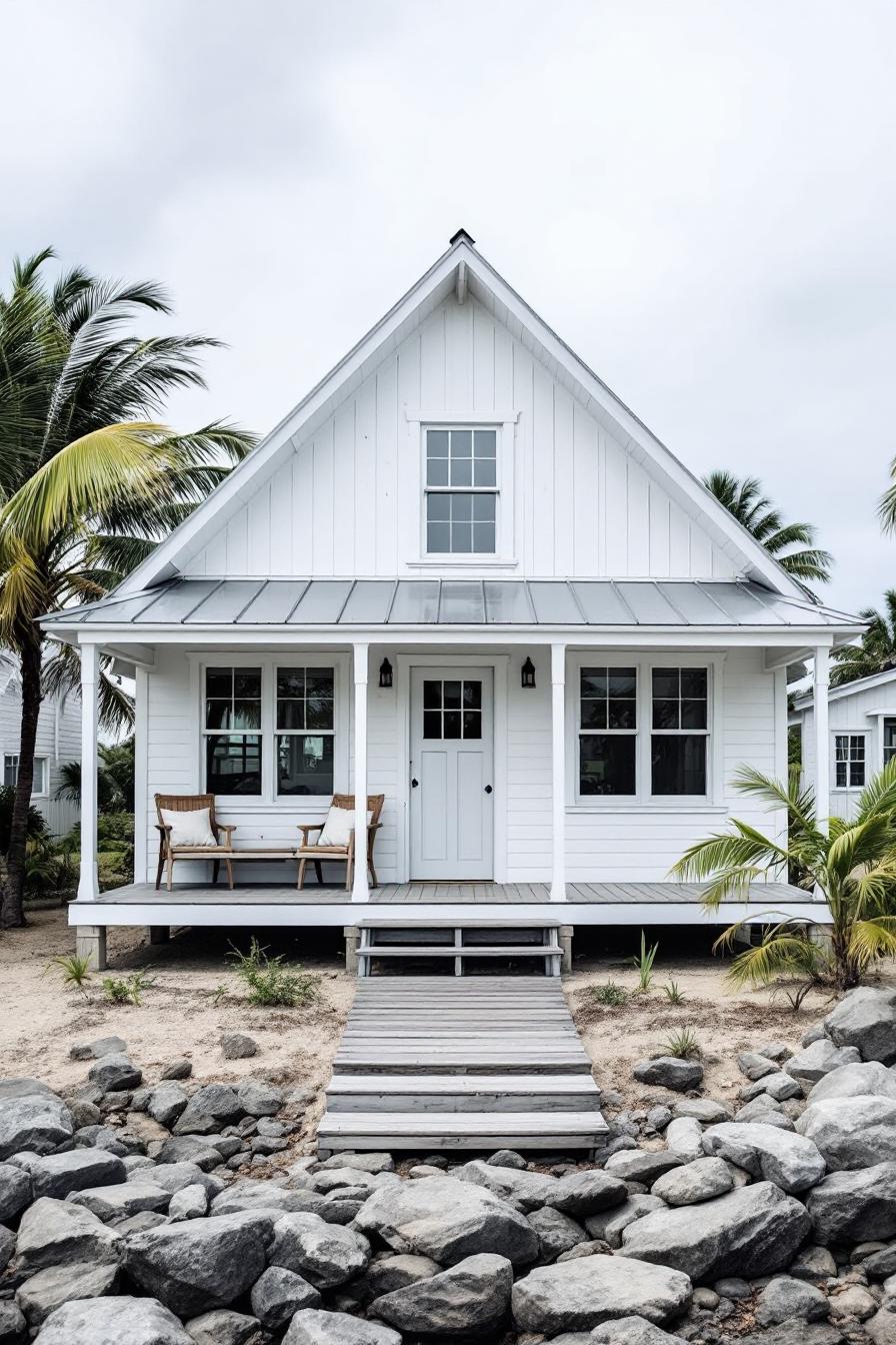 White beach house with porch and palm trees