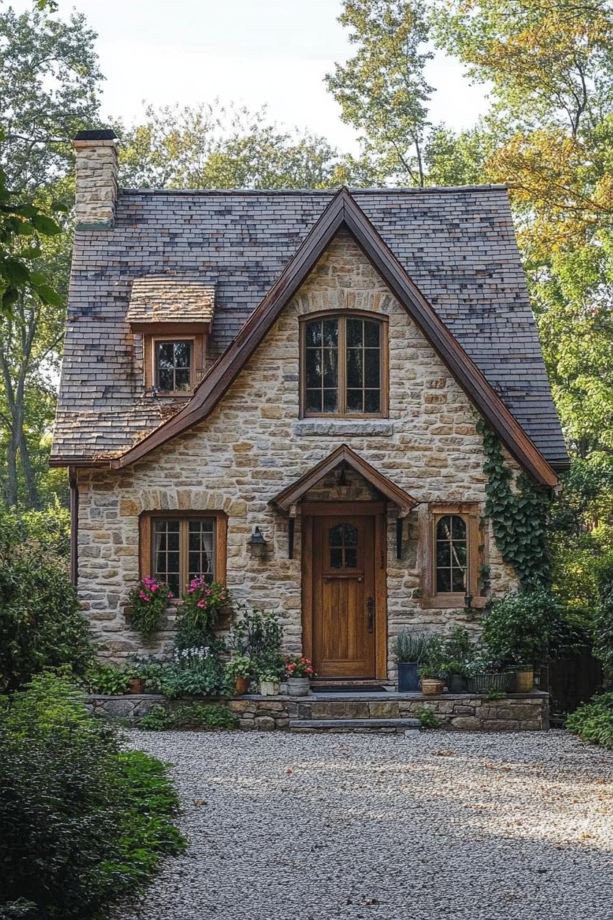 Stone cottage with a wooden door surrounded by plants