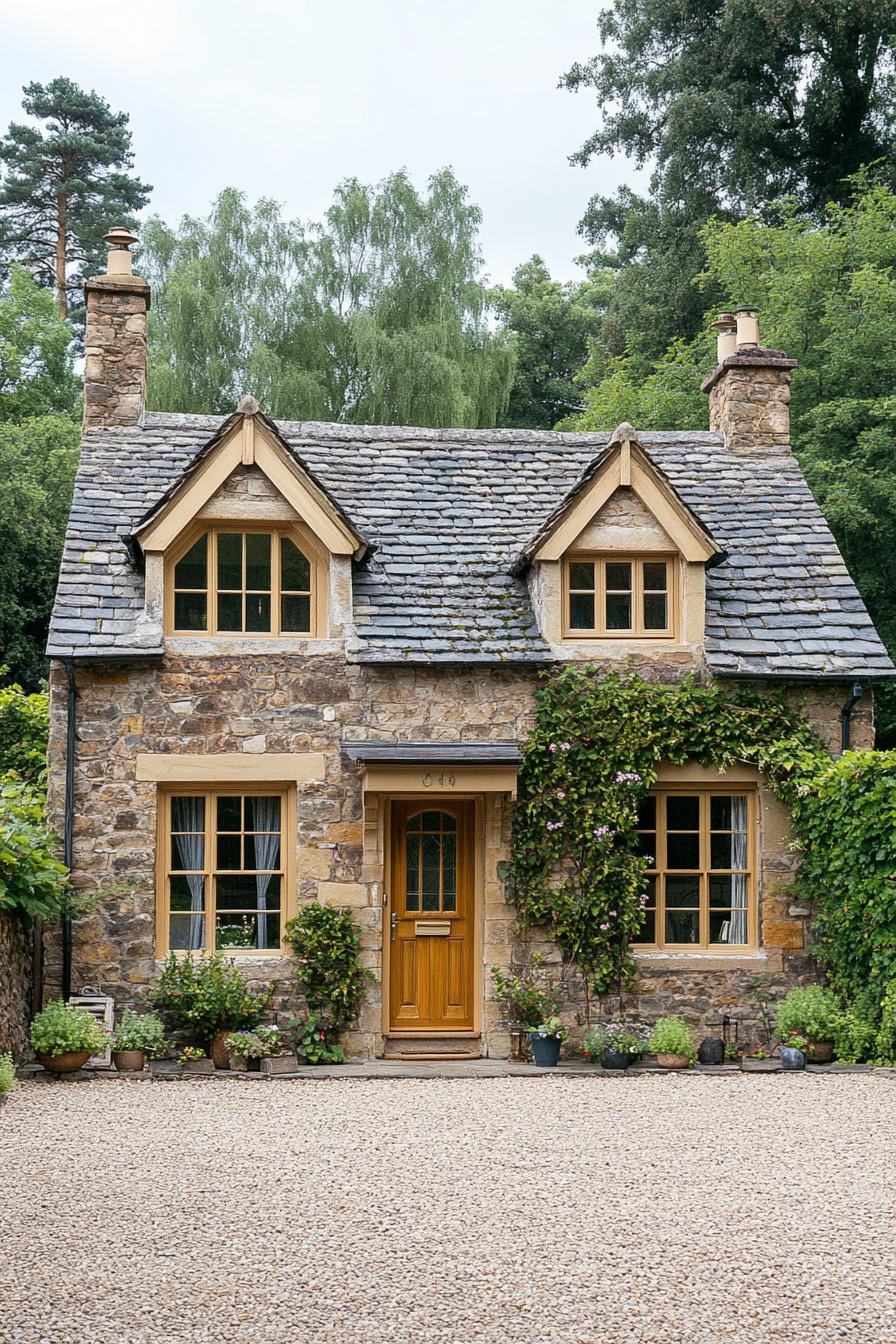 Rustic stone cottage with wooden door and lush greenery