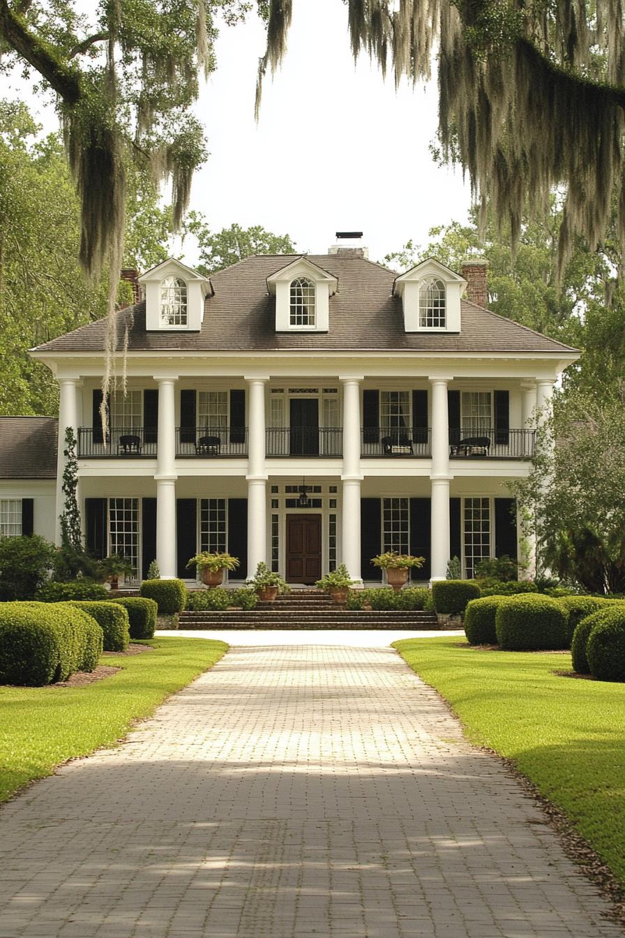 Southern mansion with grand columns and manicured garden