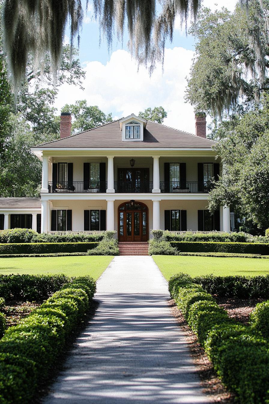 Elegant Southern house with columns and manicured garden