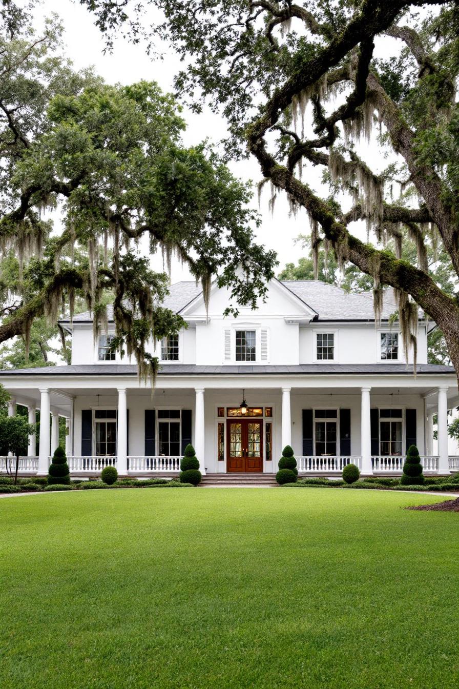 Grand Southern house with a wraparound porch and towering oaks