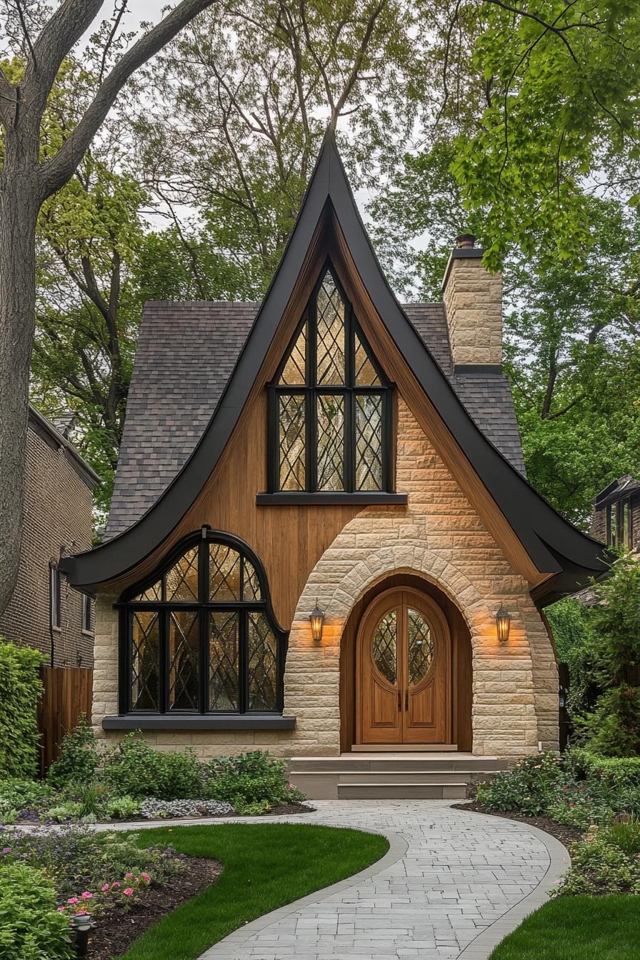 Charming cottage with peaked roof and arched windows