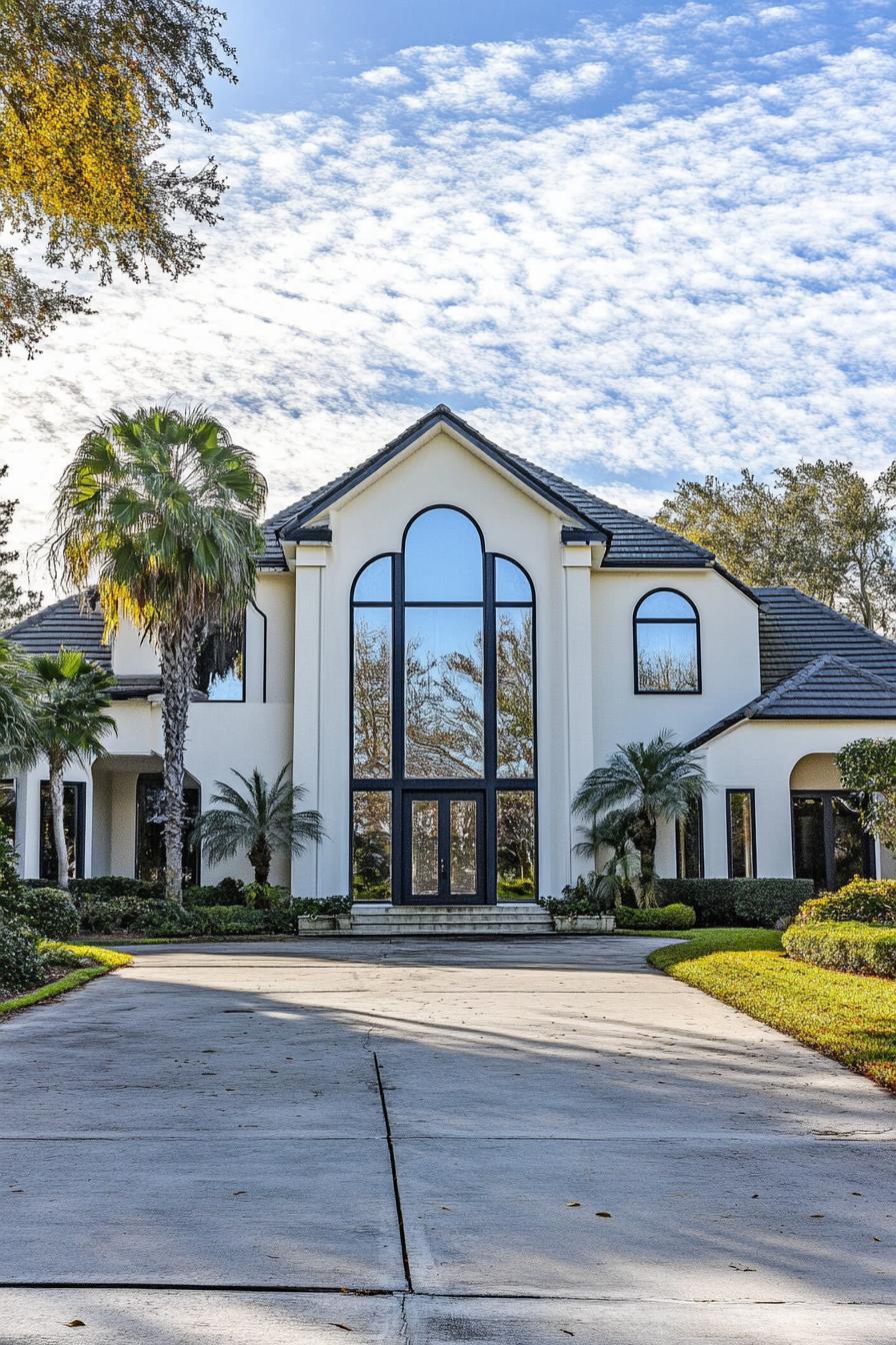 Modern coastal house with large windows and a palm-lined driveway