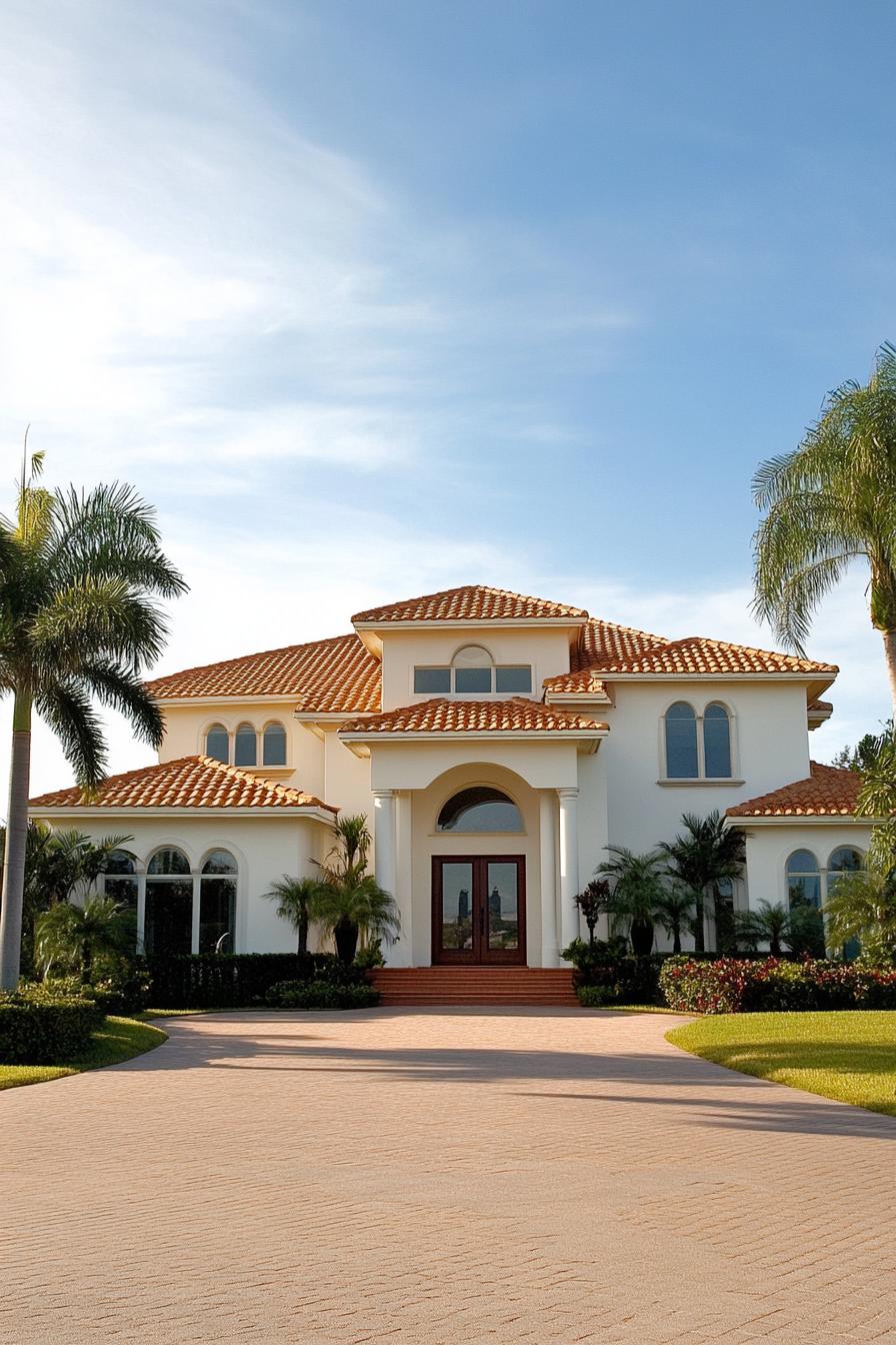 Elegant coastal house with terracotta roof and palm trees