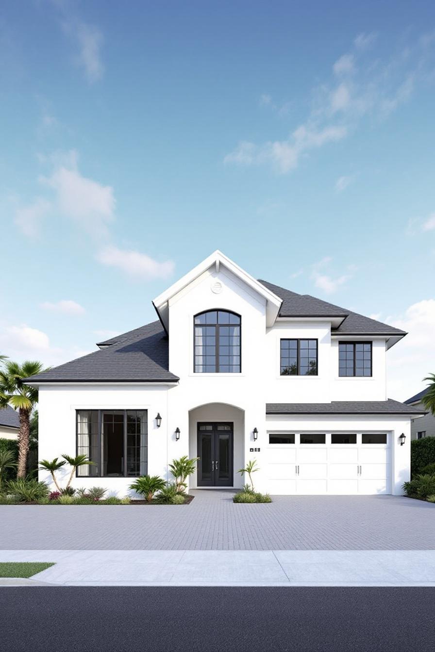 White coastal house with gray roof and driveway