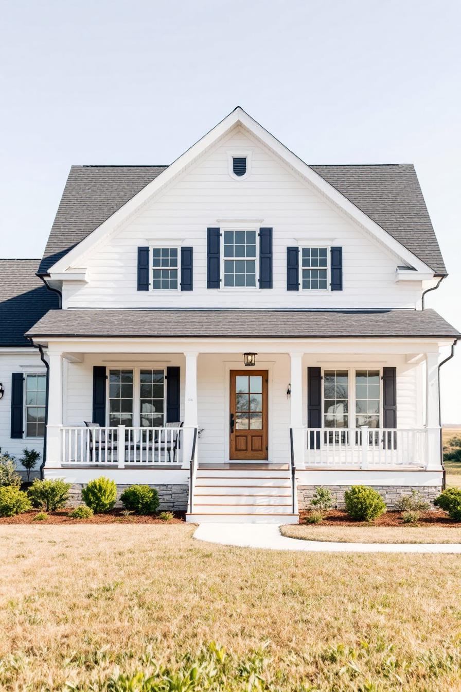 White house with dark shutters and a welcoming porch