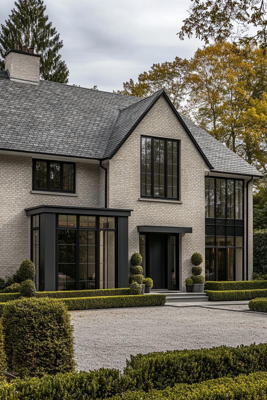 Modern brick house with large black-framed windows