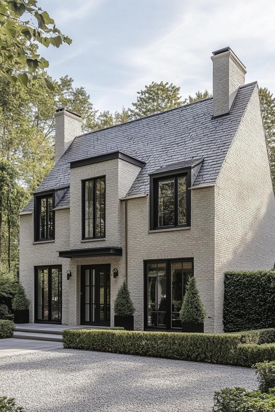 Elegant brick house with tall windows and sleek chimneys