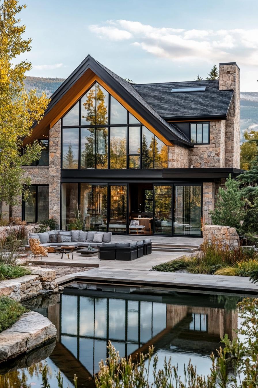 A modern stone cottage with large glass windows overlooking a pond