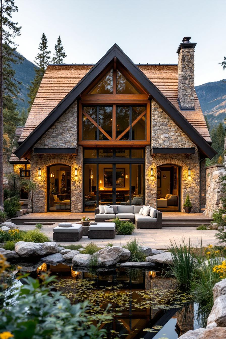 Stone cottage with large windows and cozy patio