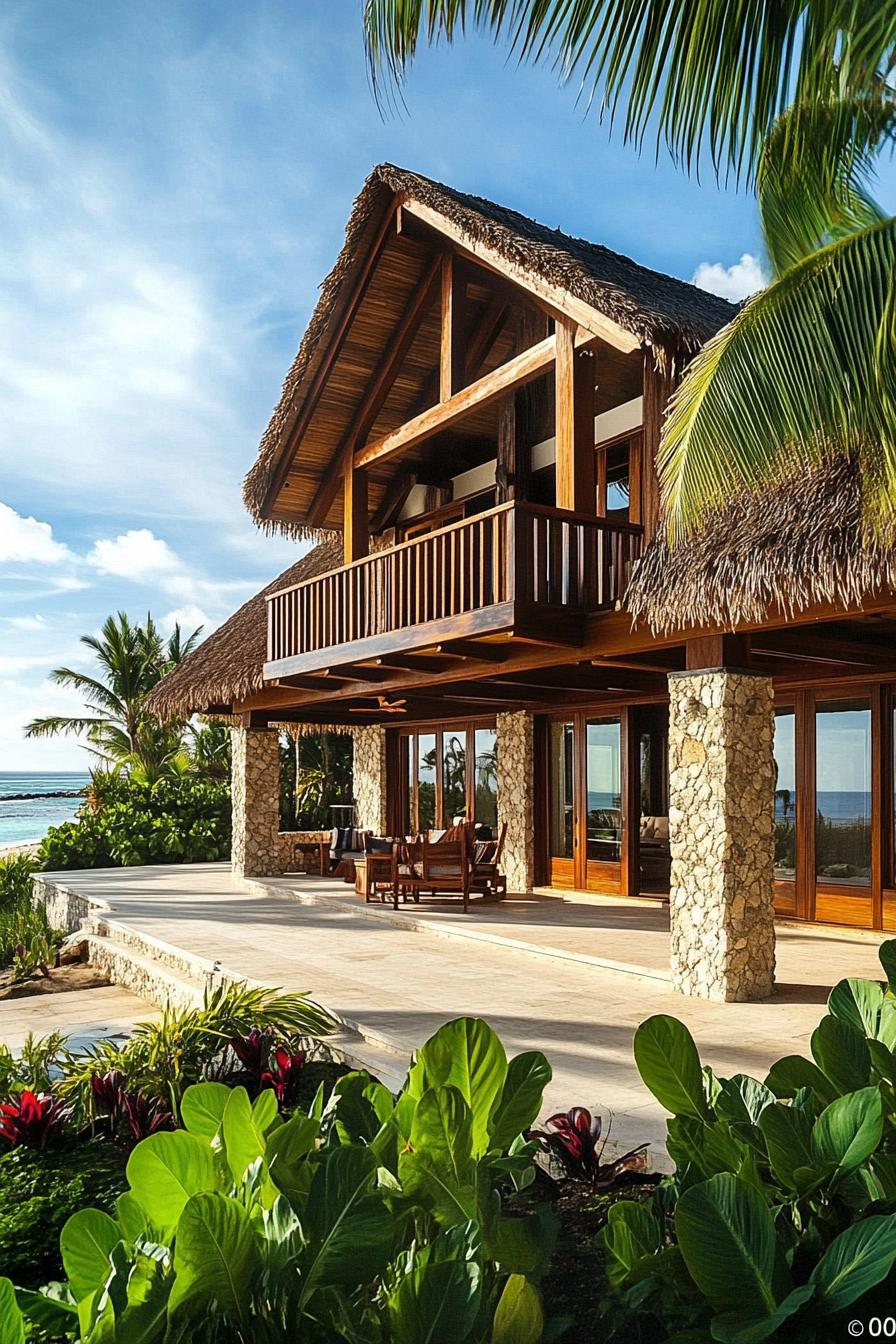 Wooden beach cottage with thatched roof