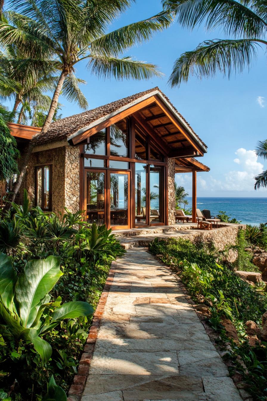 Charming stone cottage by the ocean under palm trees