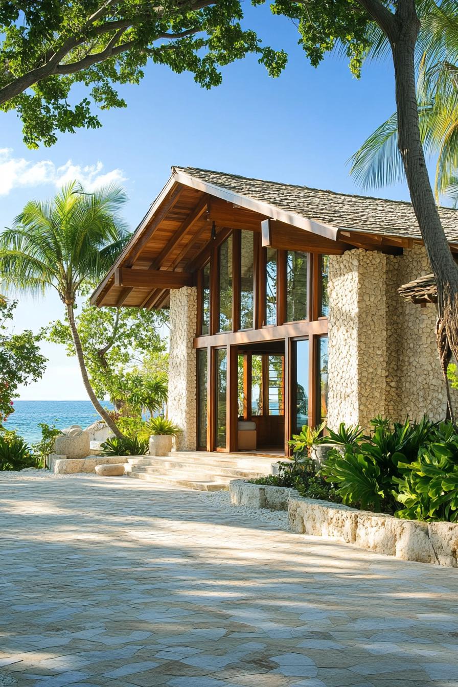 Beachfront stone-clad cottage with large windows and lush surroundings