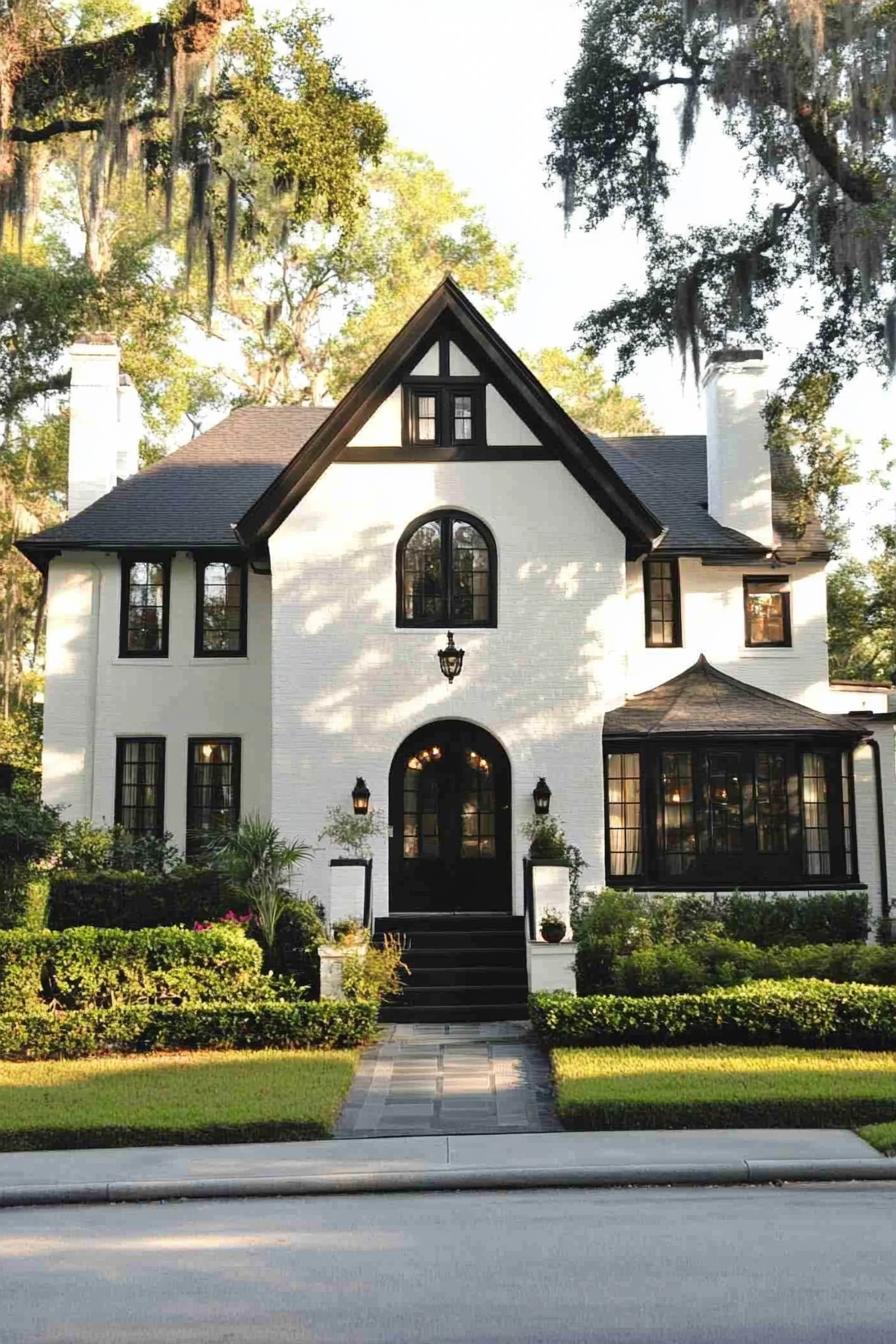 Stylish house with black accents and lush greenery