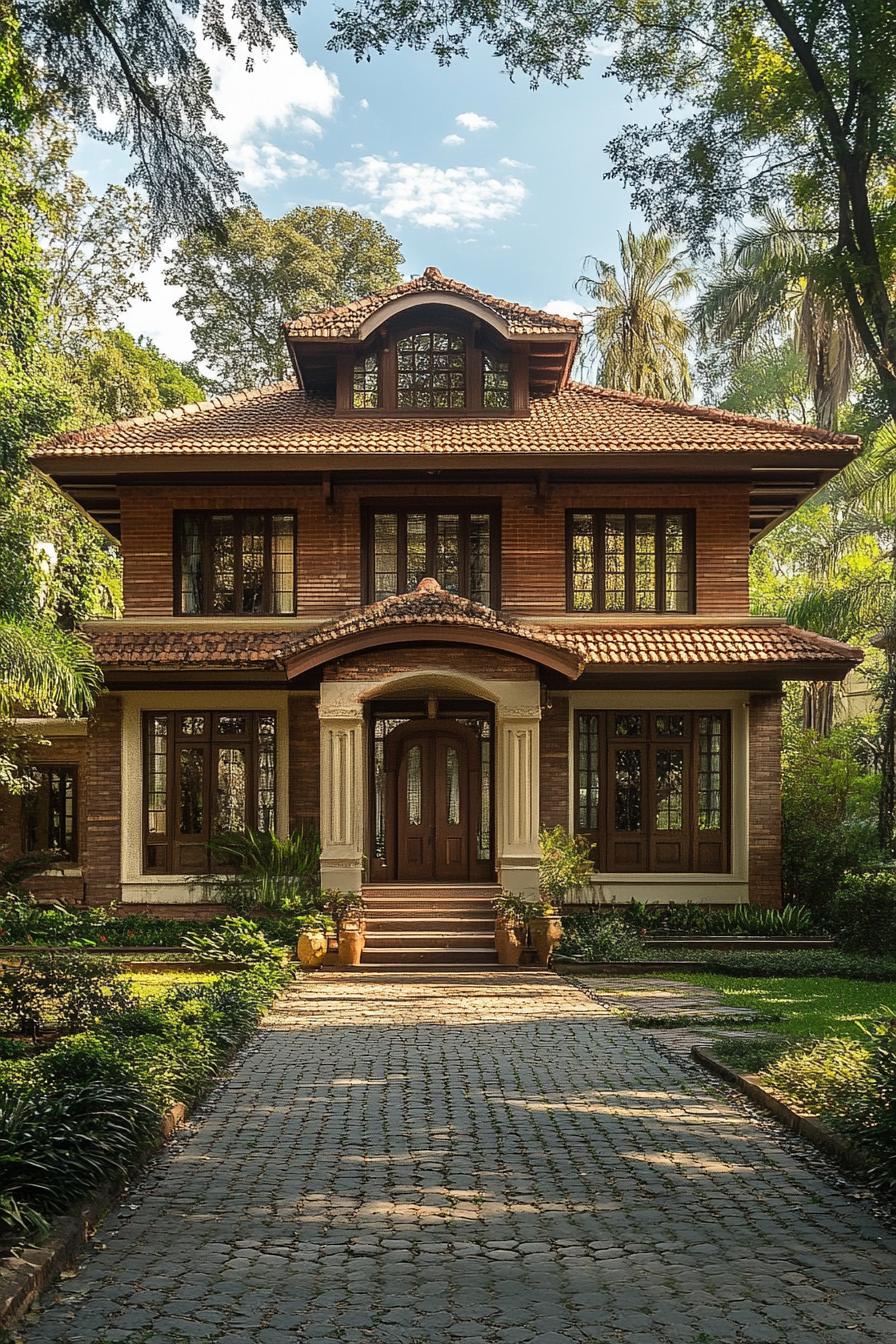 Front view of a lush Kerala-inspired house surrounded by greenery