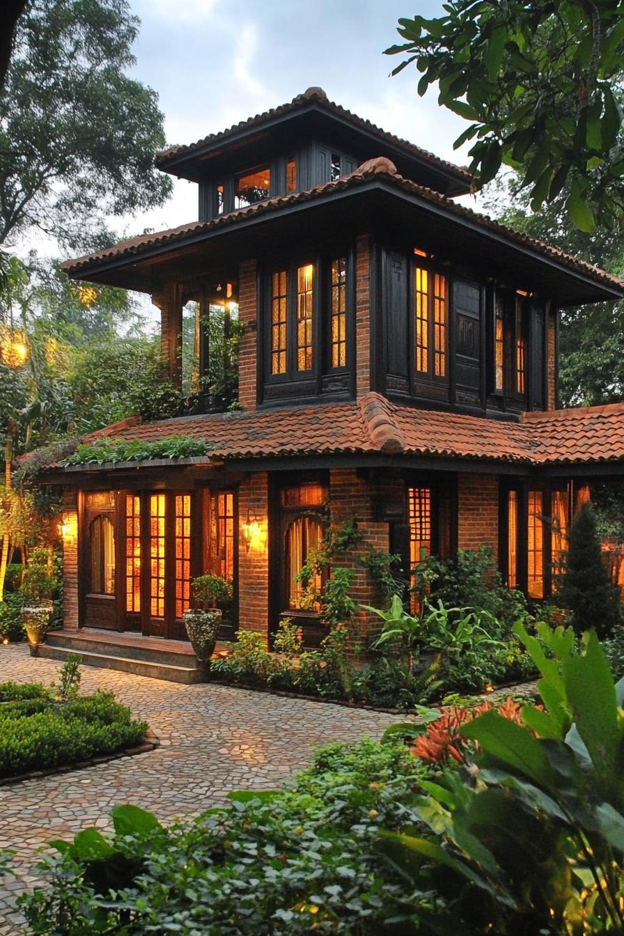 Warm, inviting Kerala-style house with tiled roof and lush greenery