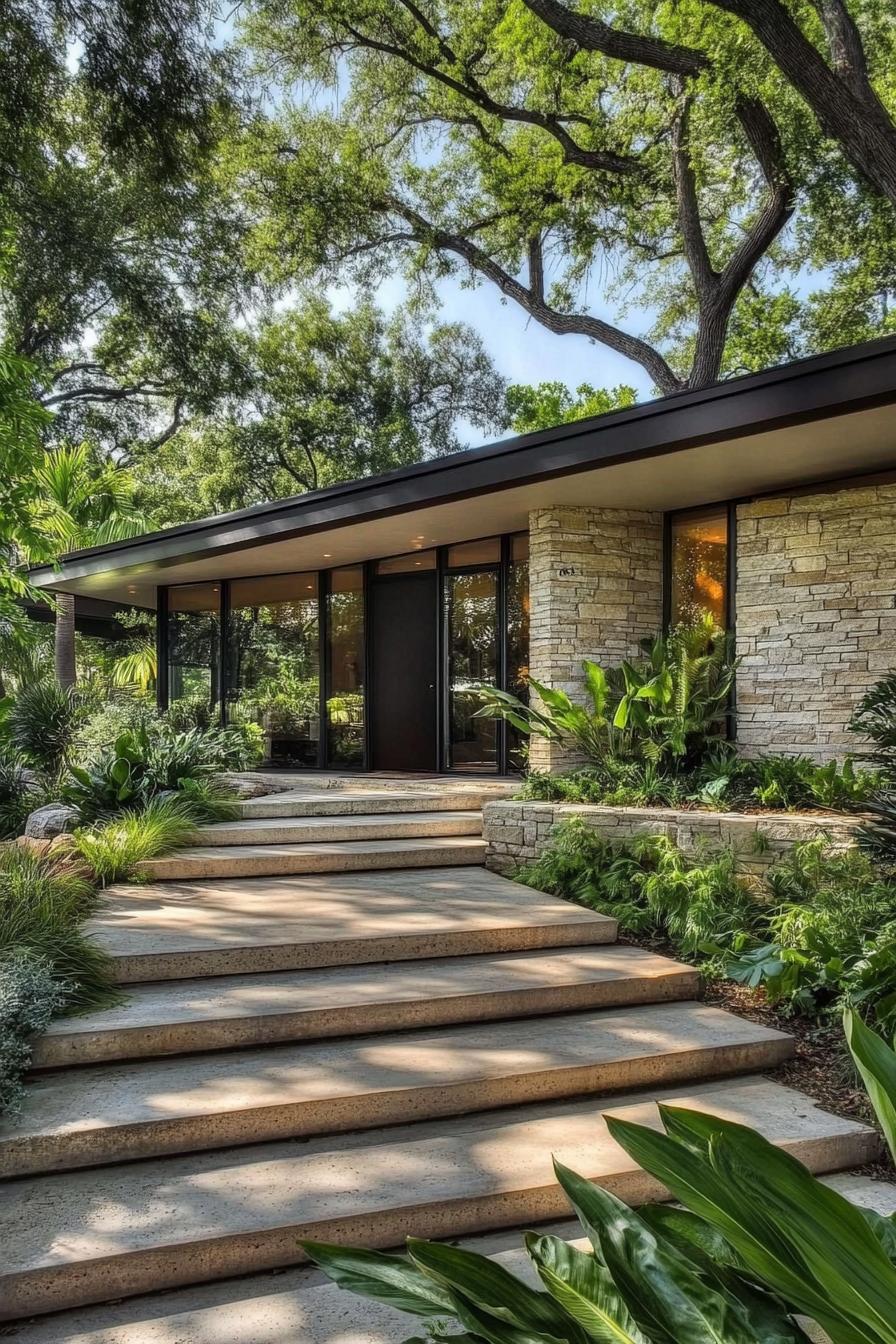 Mid-century modern home with lush greenery and stone accents