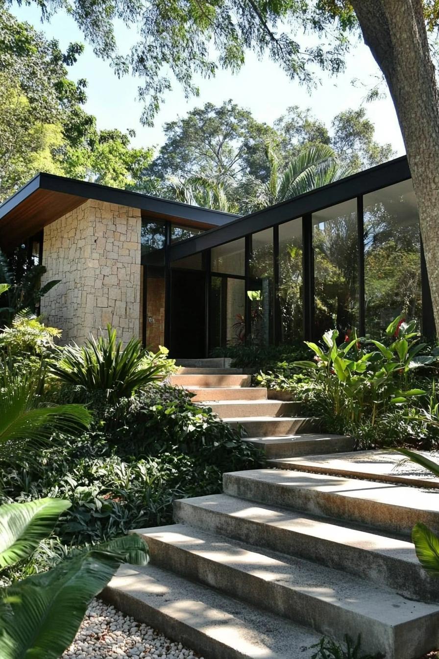 Modern house with floor-to-ceiling windows and stone exterior