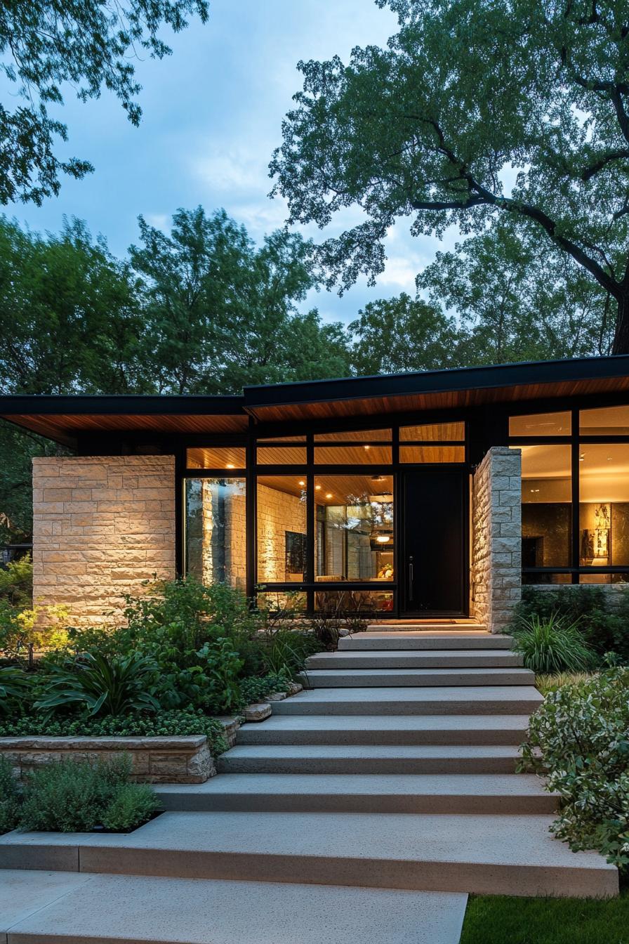 Mid-century modern home with stone facade and large windows