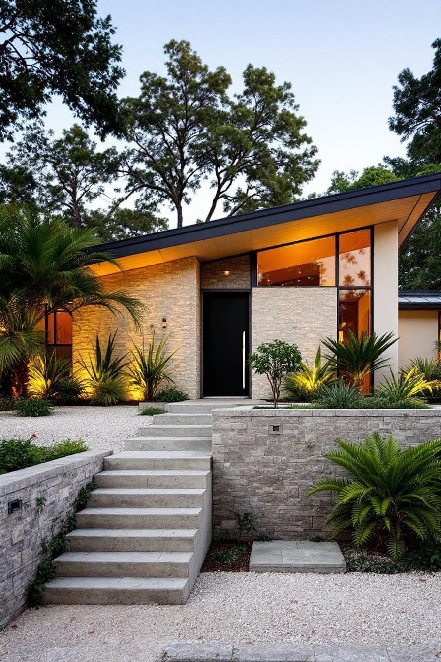 Mid-century house with large windows and stone facade