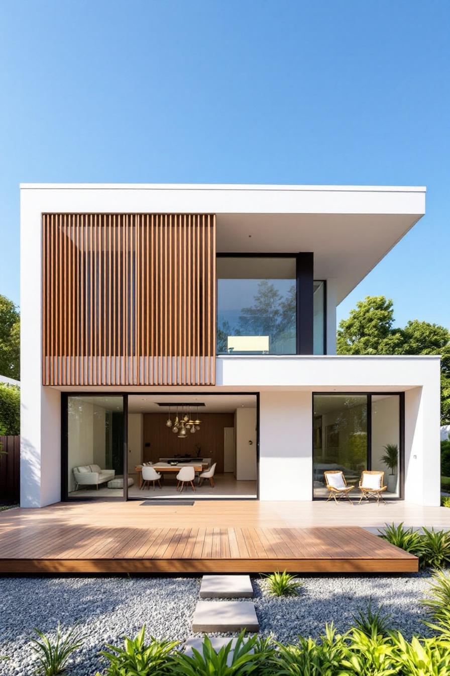 Modern white house with wooden accents and large glass windows