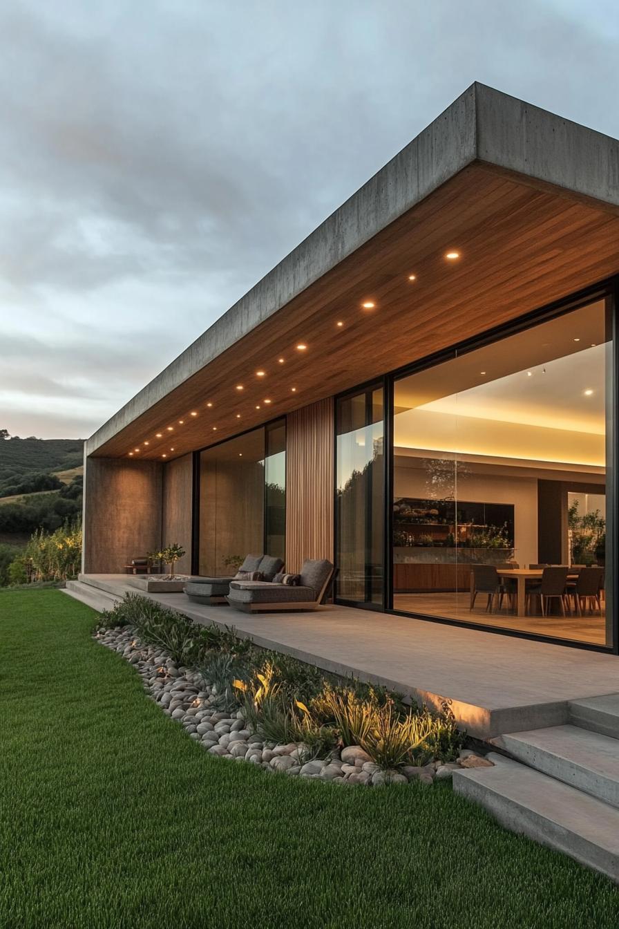 Modern house with large glass doors, set against a lush landscape