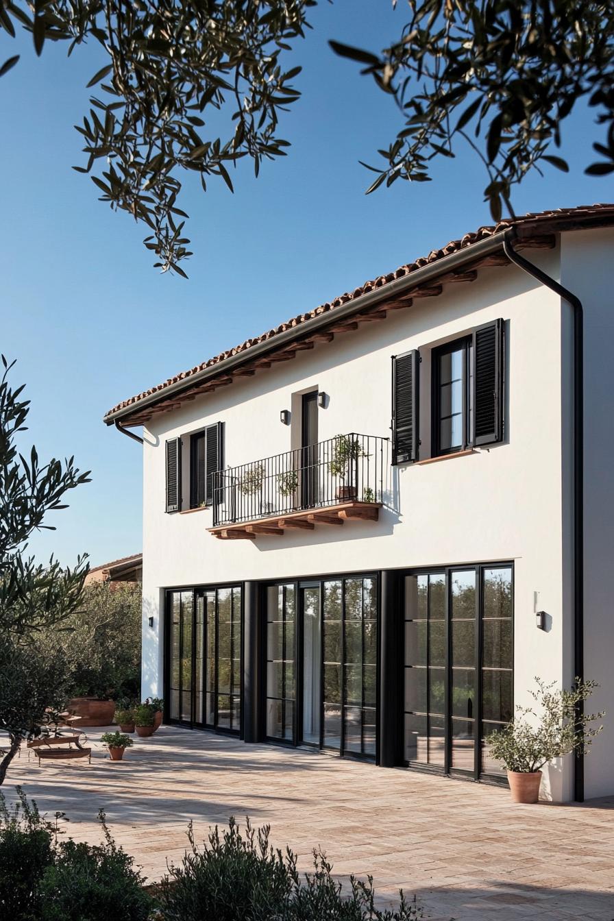 Modern Italian villa with black-framed windows and balcony