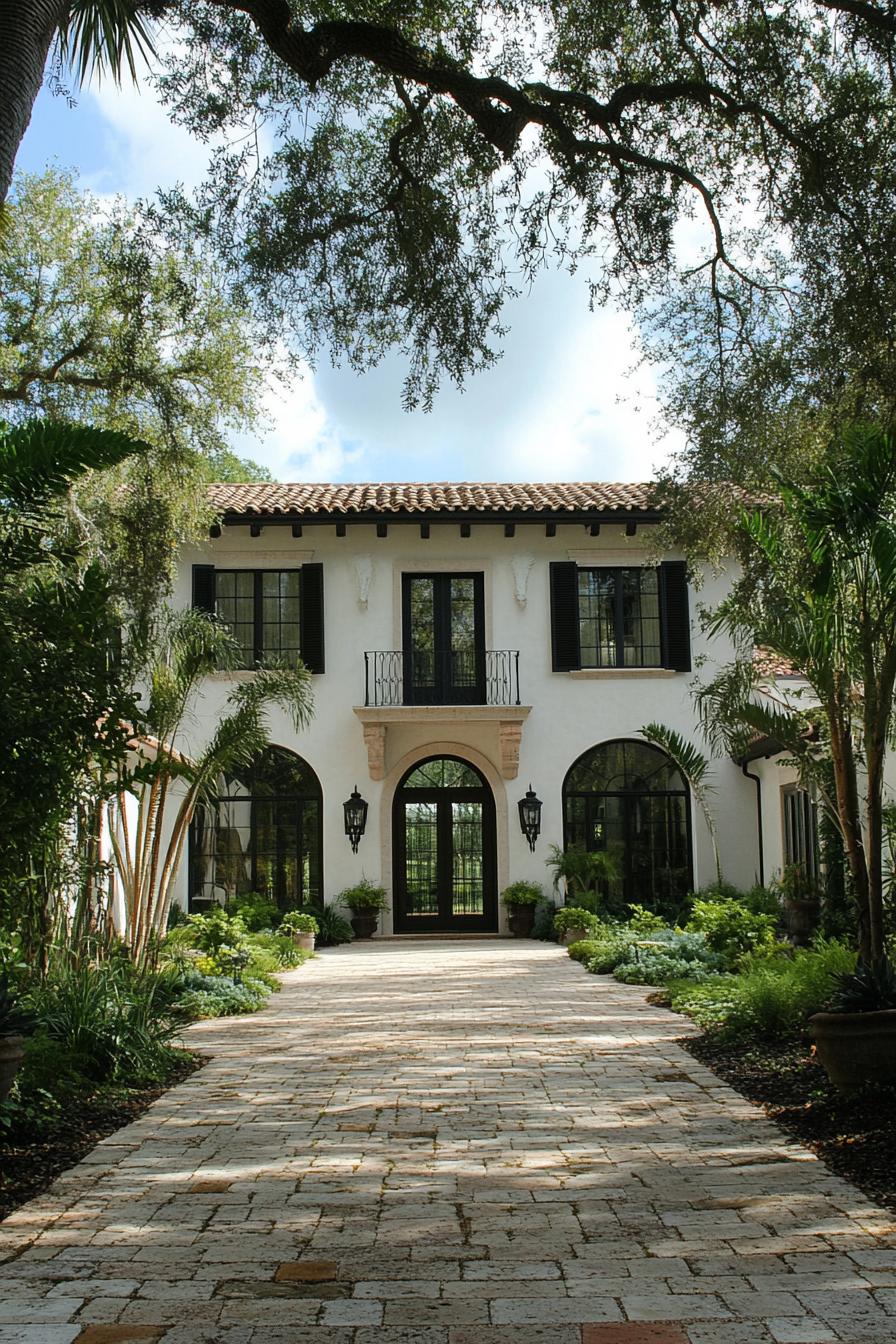 Front of a modern Italian villa with trees and stone path