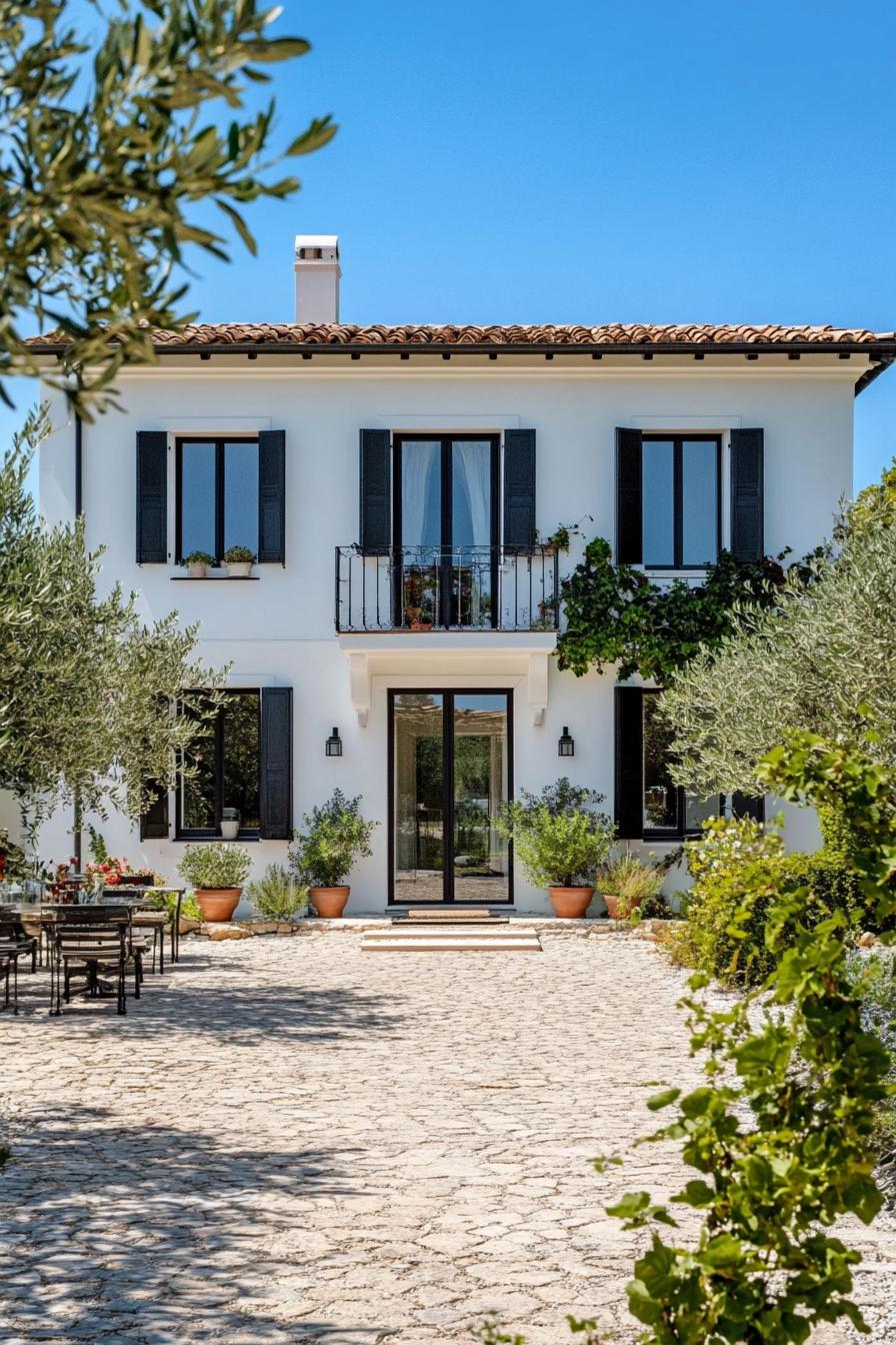 White villa with stone pathway and lush greenery