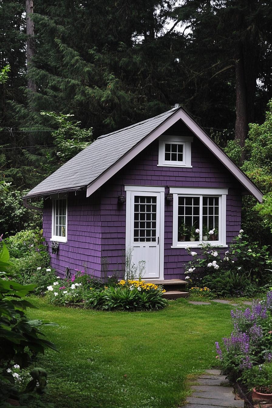 Purple tiny house nestled in lush greenery