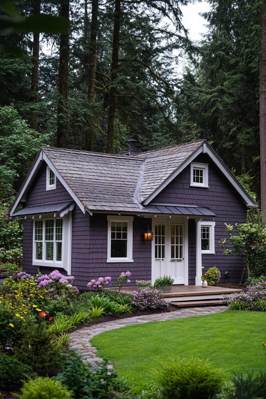 Small purple cottage with garden and trees