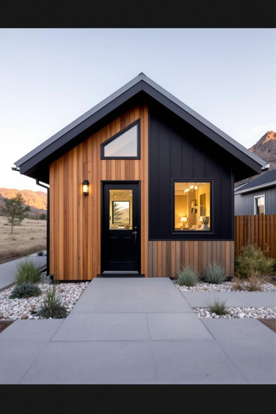 Compact wooden cottage with modern black accents