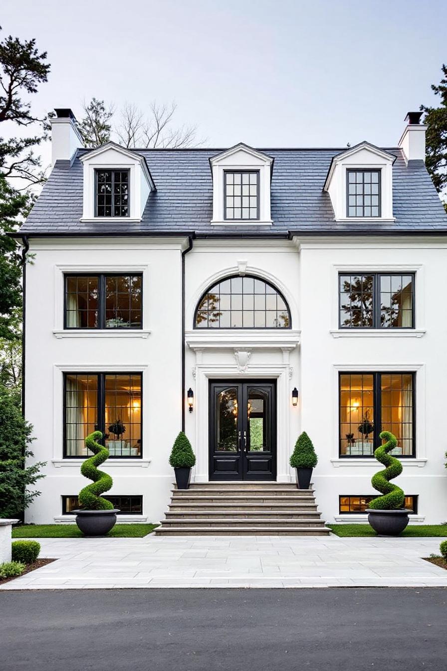 Modern villa with large windows and manicured topiaries