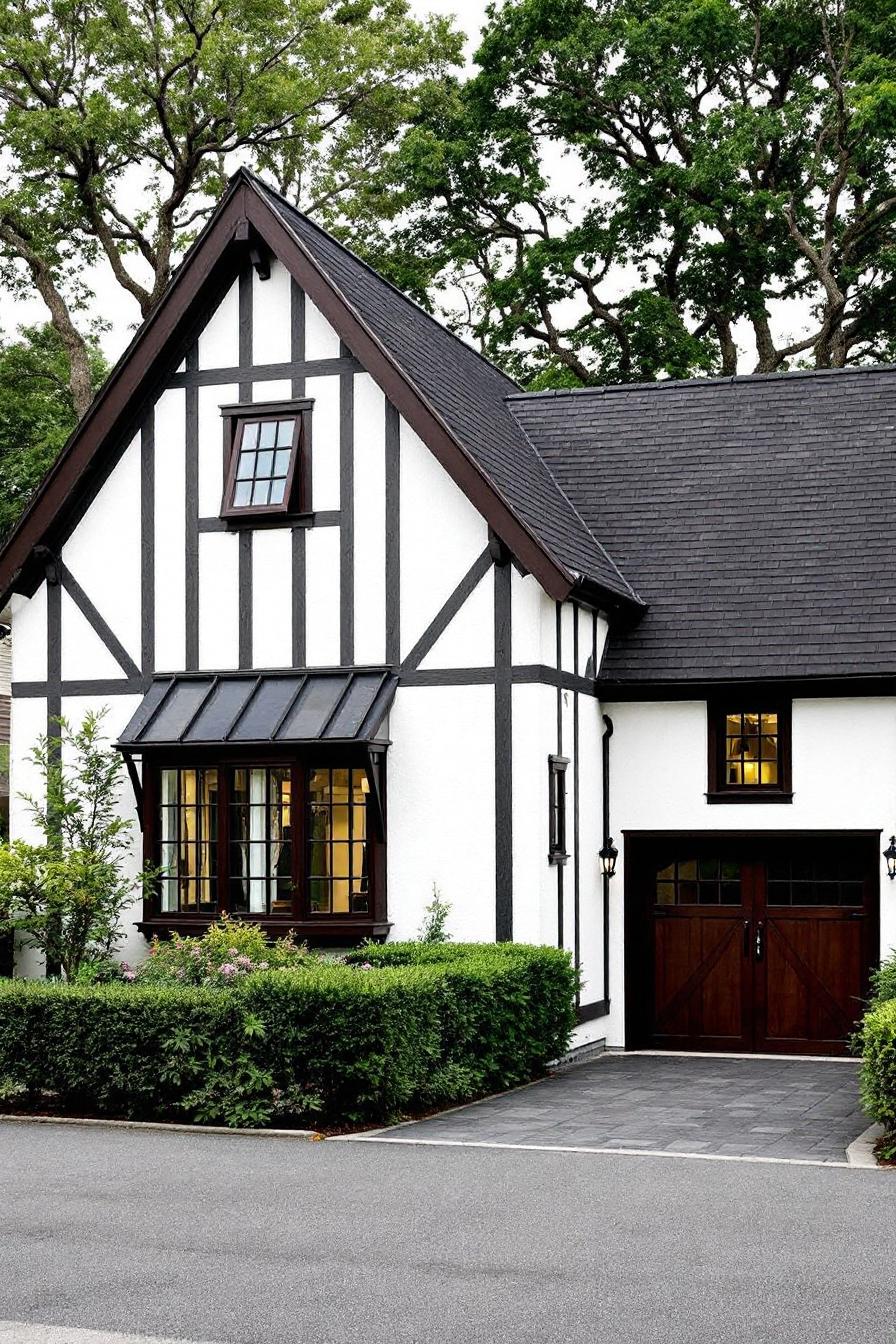 White Tudor cottage with black accents and lush greenery