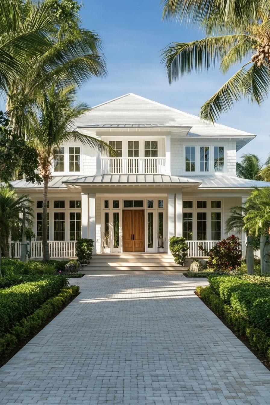 White coastal house surrounded by palm trees