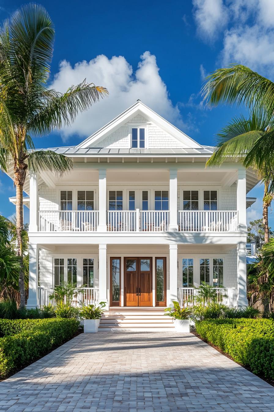 Elegant coastal house with palm trees and bright blue sky