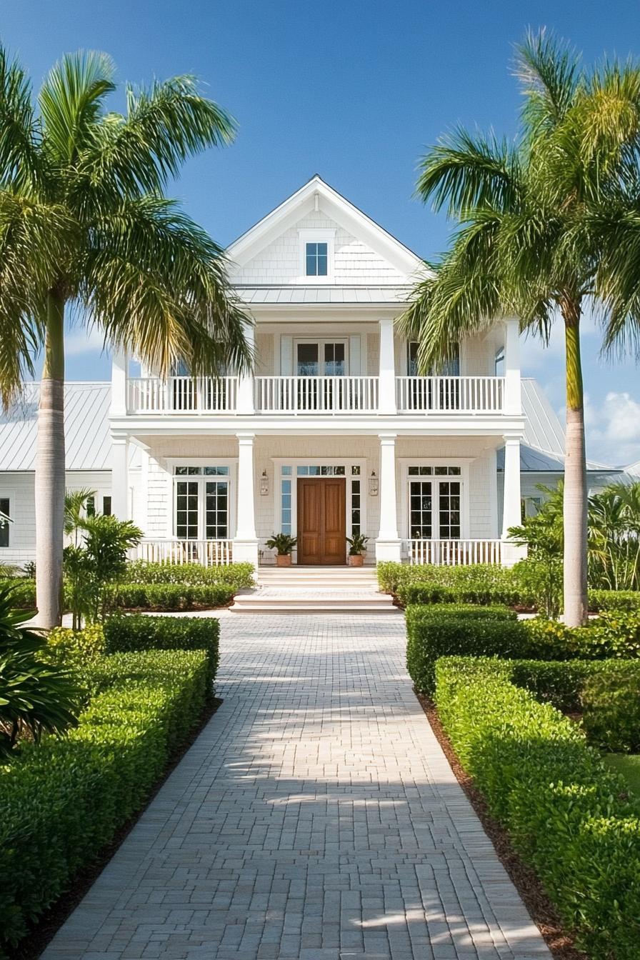 White coastal house framed by palm trees, with a brick pathway leading to a wooden door