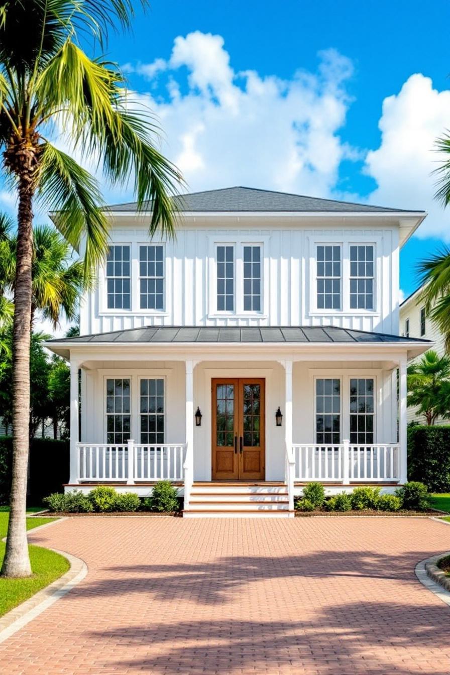 White coastal house with palm trees and a brick driveway