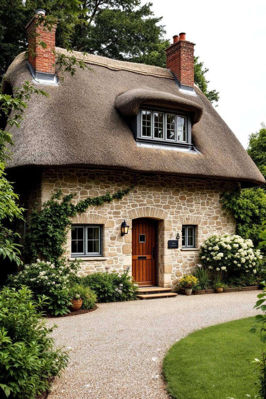 Brick and thatch cottage with climbing vines