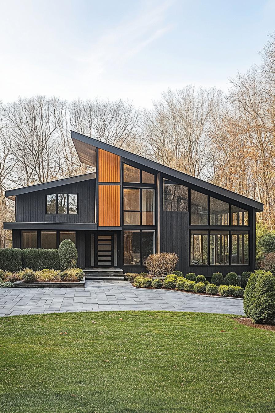 Modern angular house with large glass windows and wooden accents