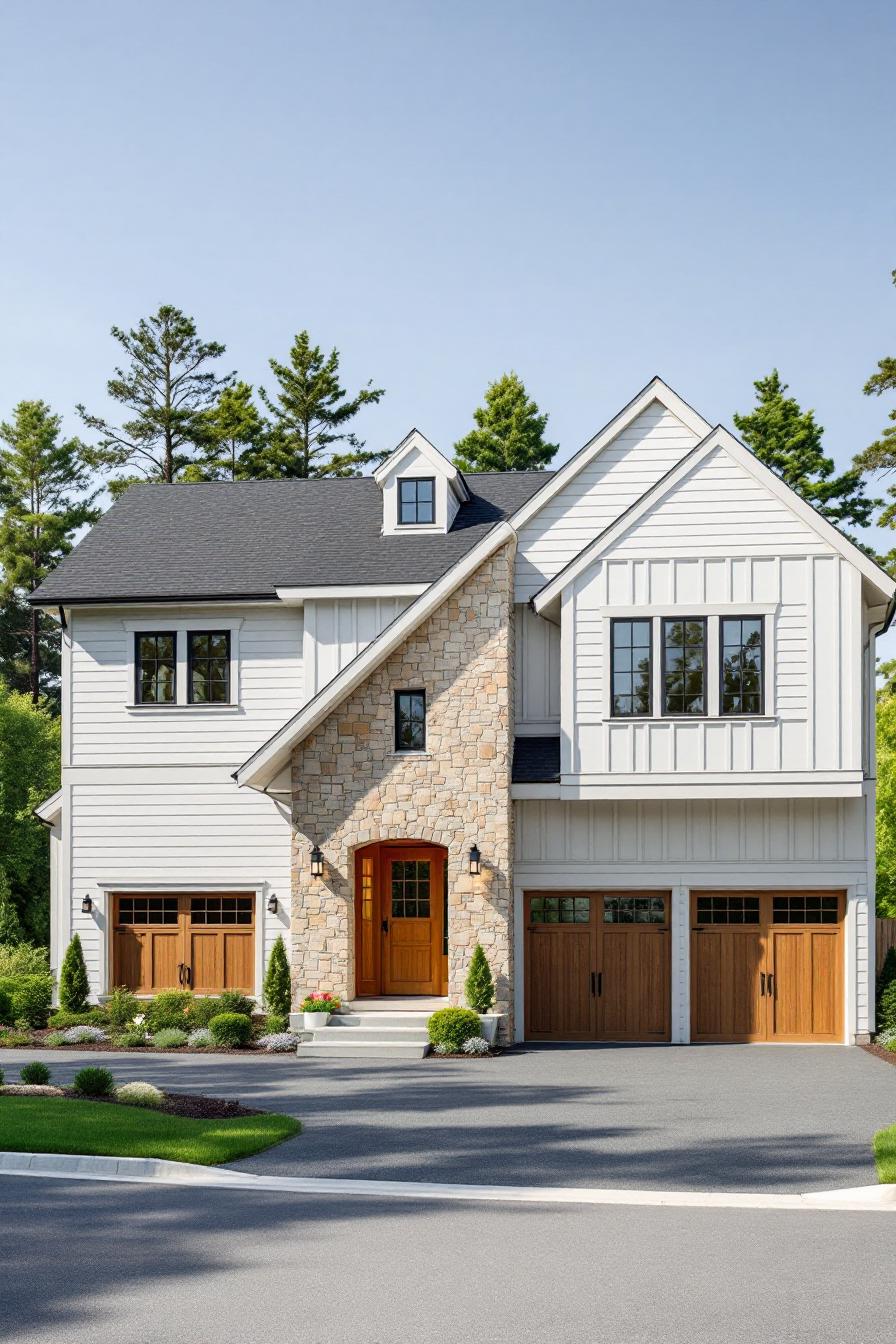 Two-story house with wood and stone exterior, surrounded by trees